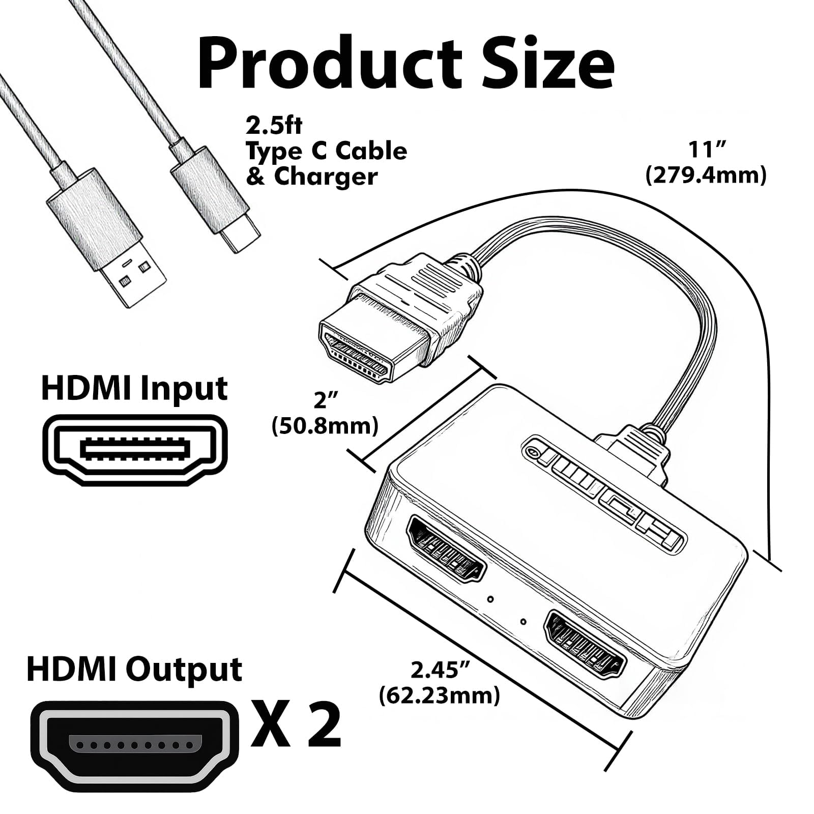 Cyberguys! Splitter HDMI 1 in 2 Out, 4K HDMI Hub 2.0 duplicatore video con cavo di alimentazione USB da 0,8 m e adattatore, supporta 4K @30Hz UHD per TV, monitor, proiettore, PS4, Xbox, Blu-Ray - Solo