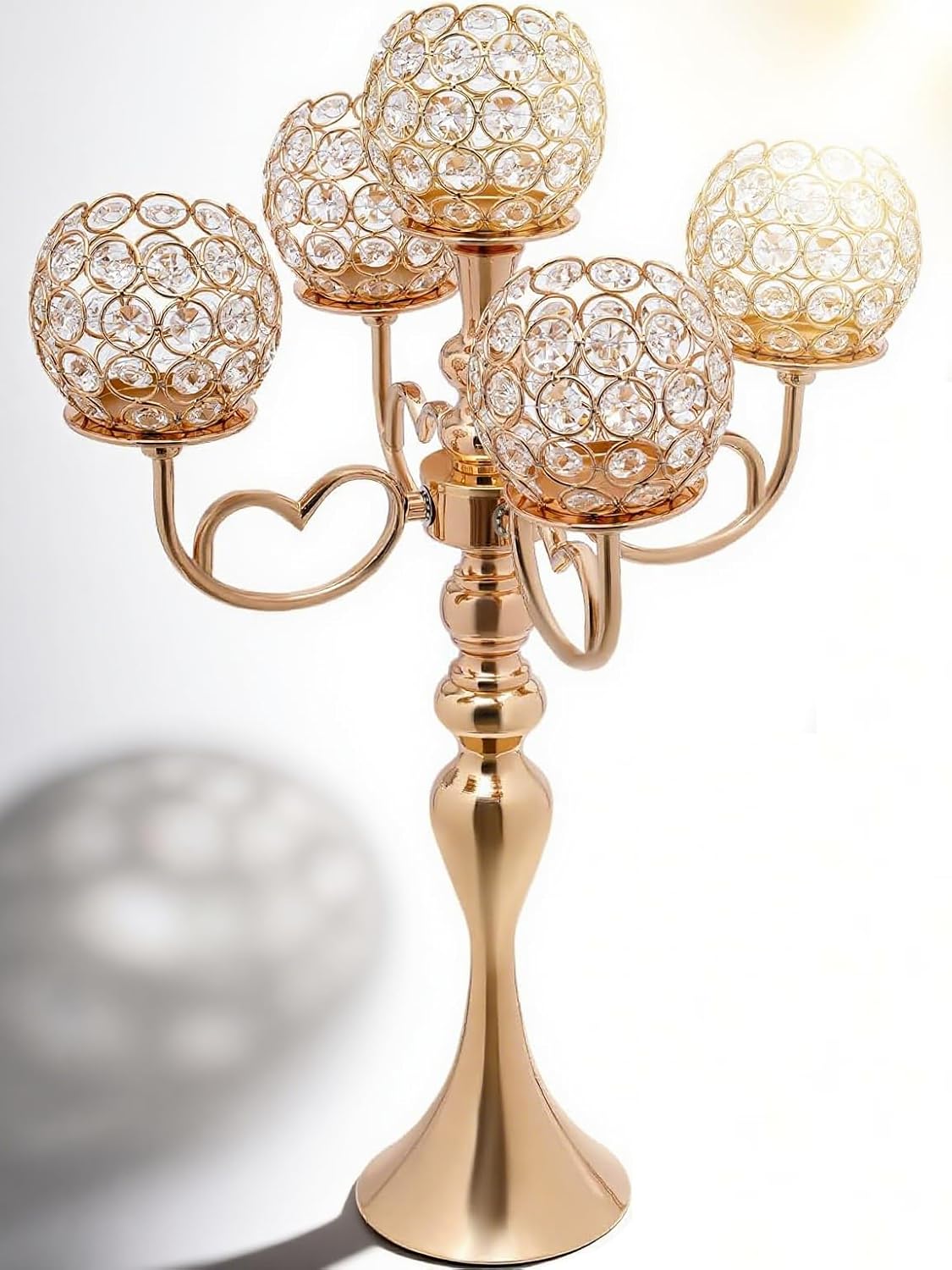 Candle Holders for Pillar Candles, 21.5 Inch Gothic Matte Crystal Candelabra Centerpieces Tall Candle Holders 2 Pack 5 Arm Decorative Large Table Centerpieces Candle Stand Decor (Gold)