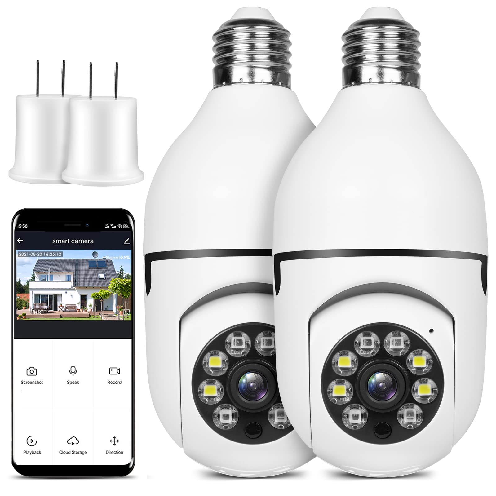 Light Bulb Security Camera Wireless Outdoor Indoor 2.4G WiFi Security Cameras for Home Security 360° PTZ Camera Motion Detection and Alarm Two-Way Audio Based E27 Light Bulb Socket