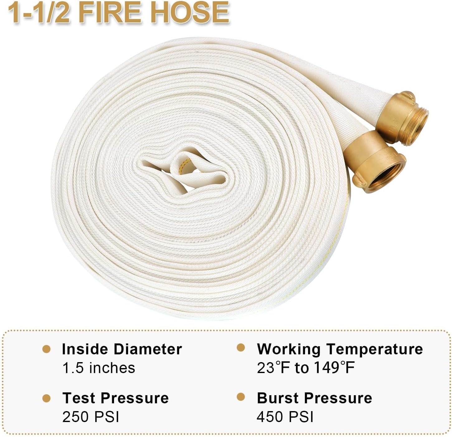 ATOLS Fire Hose,1-1/2" ID X 100 FT, 450PSI Burst Pressure, Industrial Fire Hydrant Hose with NST/NH Brass Couplings for Indoor Use