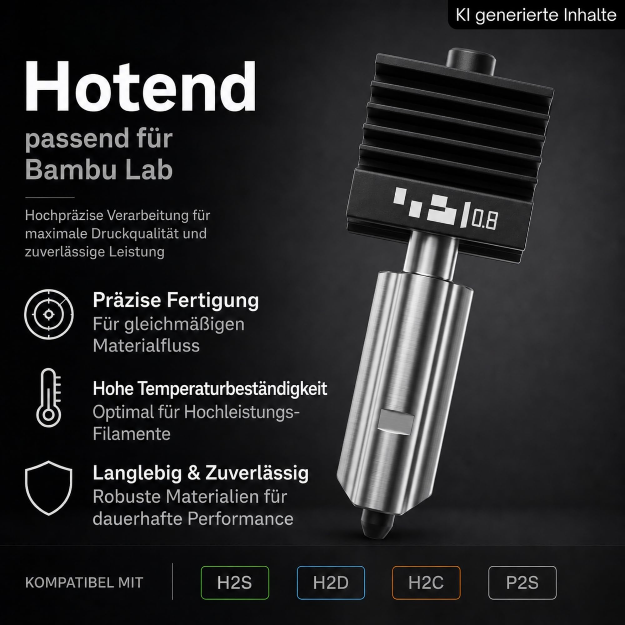 TronicXL Zestaw 4 x Hotend P2S H2S H2D z dyszą pasującą do drukarki 3D Bambu Lab Dysza drukująca Hot End 0,2 mm 0,4 mm 0,6 mm 0,8 mm