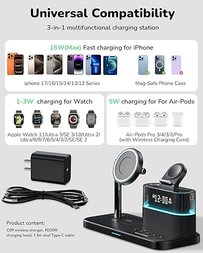 Miniatura 2 de Estación de carga inalámbrica 5 en 1 para Apple, cargador Mag-Safe con reloj despertador luz nocturna para múltiples dispositivos, estación de carga