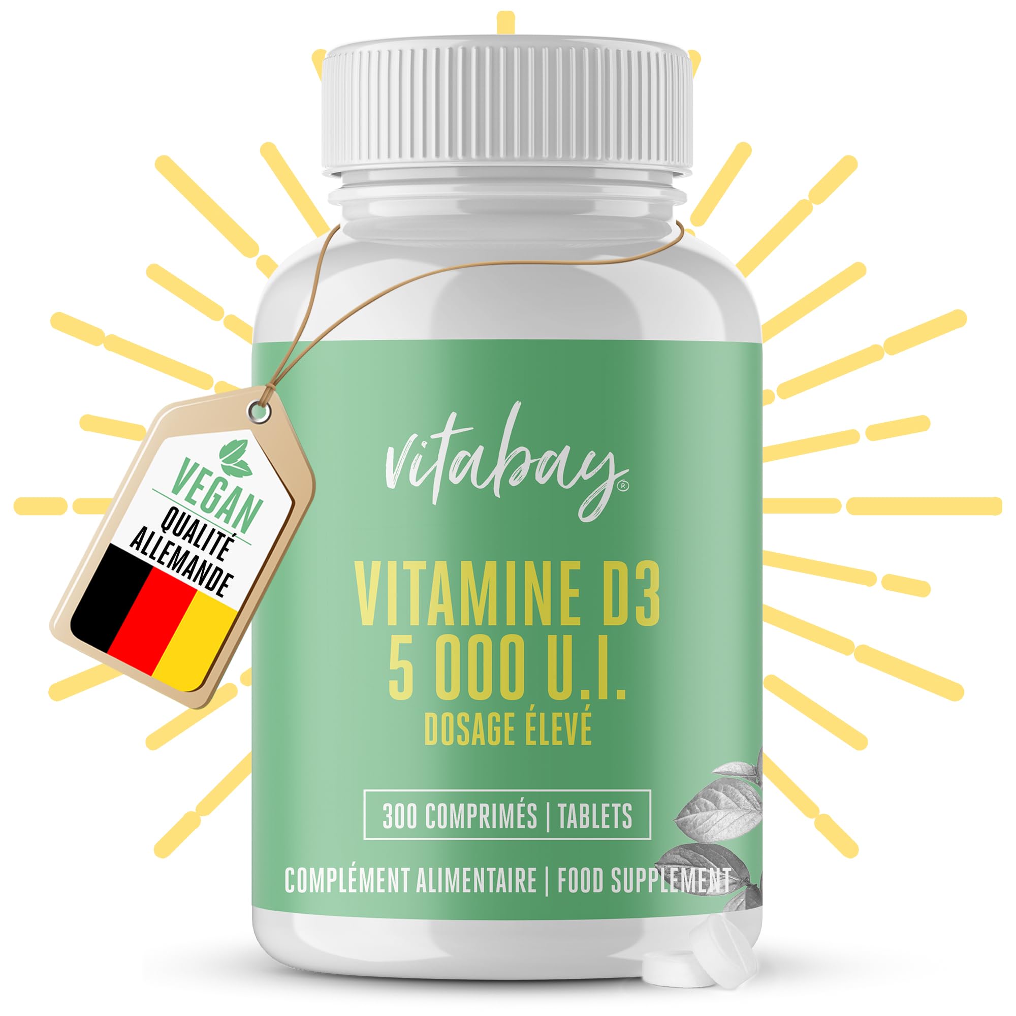 Vitabay Vitamine D3 5000 IU - 300 Comprimés de Vitamine D Cholécalciférol - Vegans sans Additifs et à Haut Dosage - Contribue au maintien d'une ossature normale - Vérifié en Laboratoire