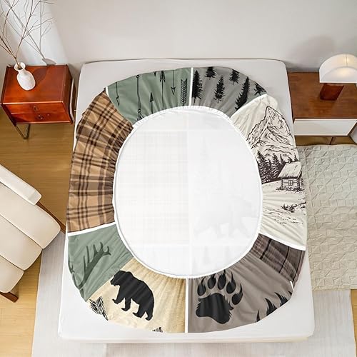 Miniatura 222 de Sábana bajera ajustable de oso de caza, juego de ropa de cama a cuadros de búfalo, sábanas de retazos de cabaña rústica para niños, niños, Multi