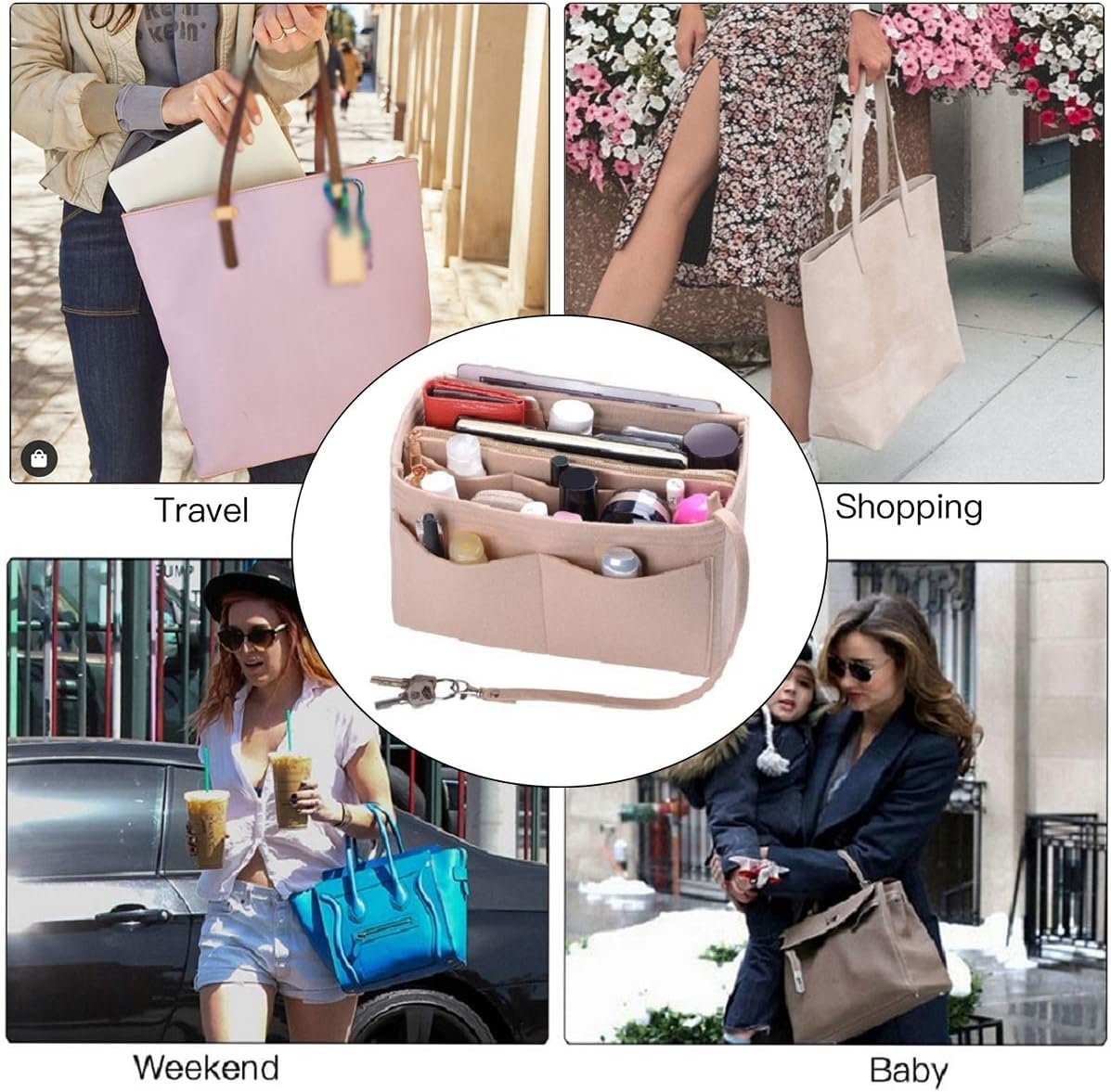 Organizer Per Borsa In Feltro - Tasca Rimovibile E Portachiavi - Multitasche Per Ordine - Foto 3