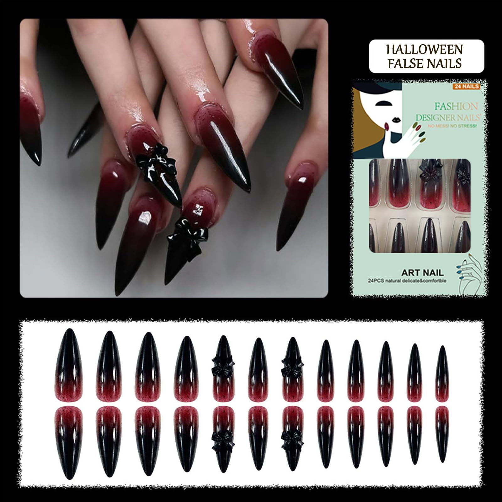 French Tip False Nails, 24pcs Coffin Press on Nails Wine Red Long Ballerina Acrylic Gel Fake Nails - Image 2
