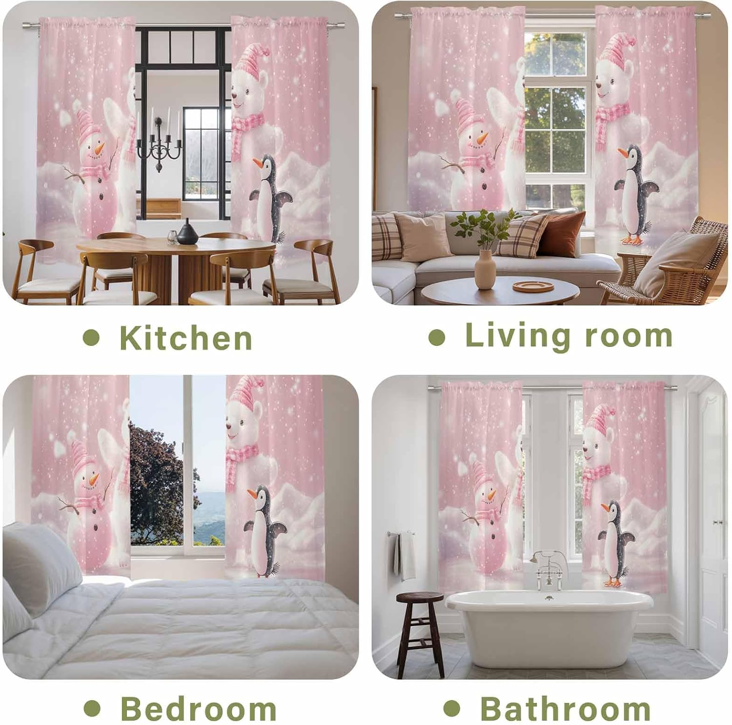 Christmas Pink Window Curtains 72 Inch Long 2 Panel Set, Rod Pocket Long Curtains & Drapes, Bear Penguin Snowman Cute Animal Ombre Light Filtering Window Treatment for Bedroom Living Room 52"W x 72"L
