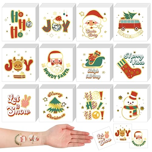 Sinmoe 120 tatuajes de Navidad retro con purpurina, 12 diseños temporales, calcomanías de Papá Noel, muñeco de nieve, árbol de Navidad, reno,
