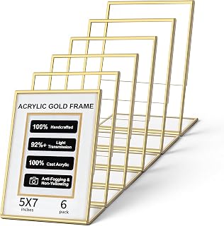 6 Pack 5 x 7 Clear Acrylic Frame, Wedding Table Number with Gold Borders Double Sided Picture Frame Paper Stand for Restaurant Table Menu Recipe Cards Photo Display