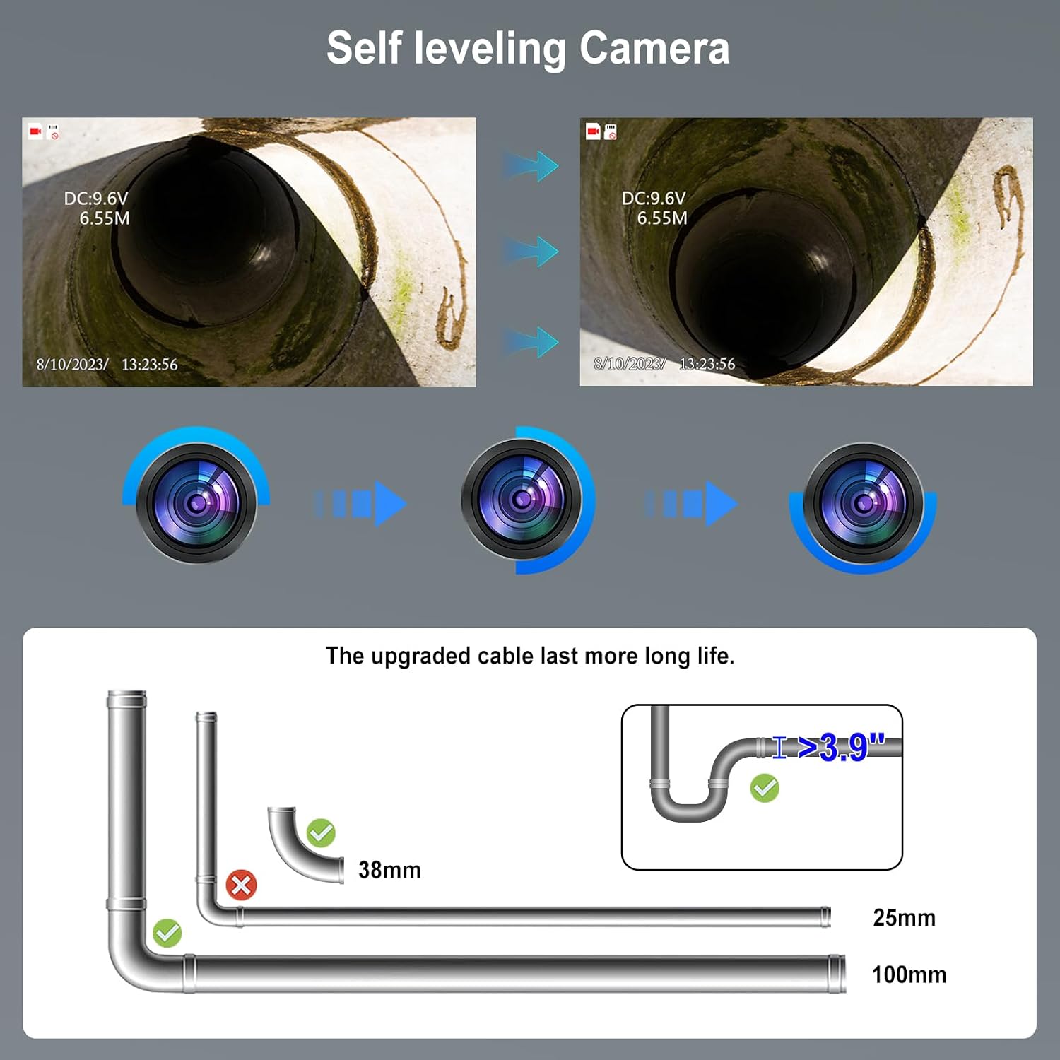 Sewer Camera with Light, self Leveling, Pipe Inspection Camera 9" 1080P Screen, 7mm Thicker Cable 165ft/50m 32GB Card Included
