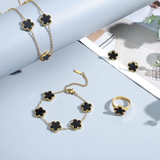5 Pieces Lucky Clover Jewelry Set for Women Gold Jewelry Set 18K Gold Plated Flower Design Five Leaf Necklace Bracelet Ring Earrings for Women