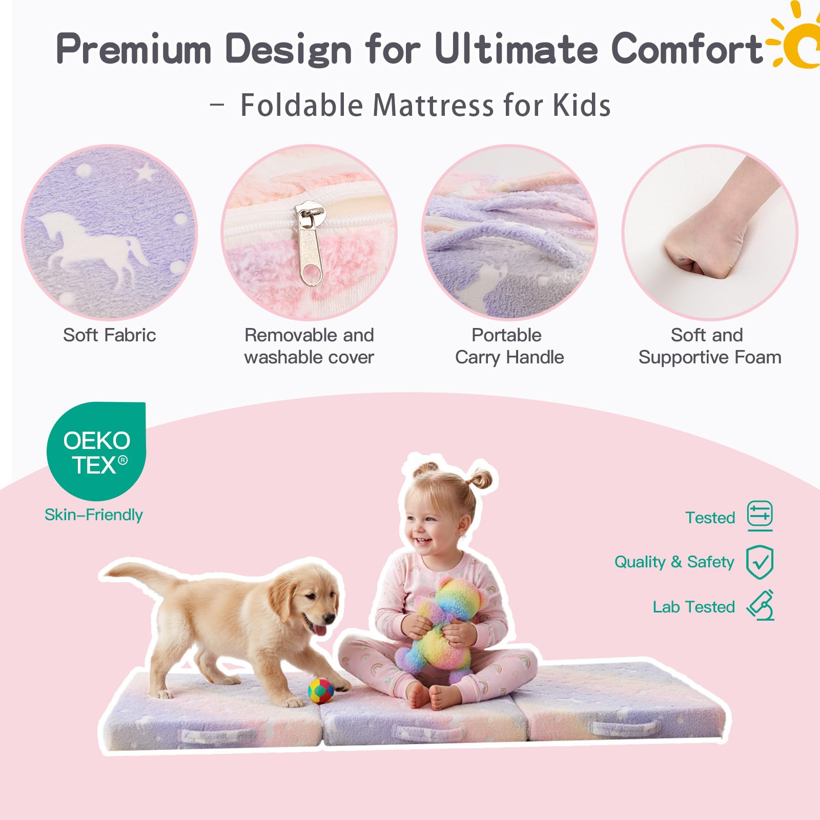 Tiita Trifold Bodenmatratze für Kinder, 145 x 56 x 8 cm Glow in The Dark Baby Kinder Futon mit abnehmbarem Bezug, Kleinkind Boden Bett Nap Matte mit Aufbewahrungstasche, Pink Pegasus