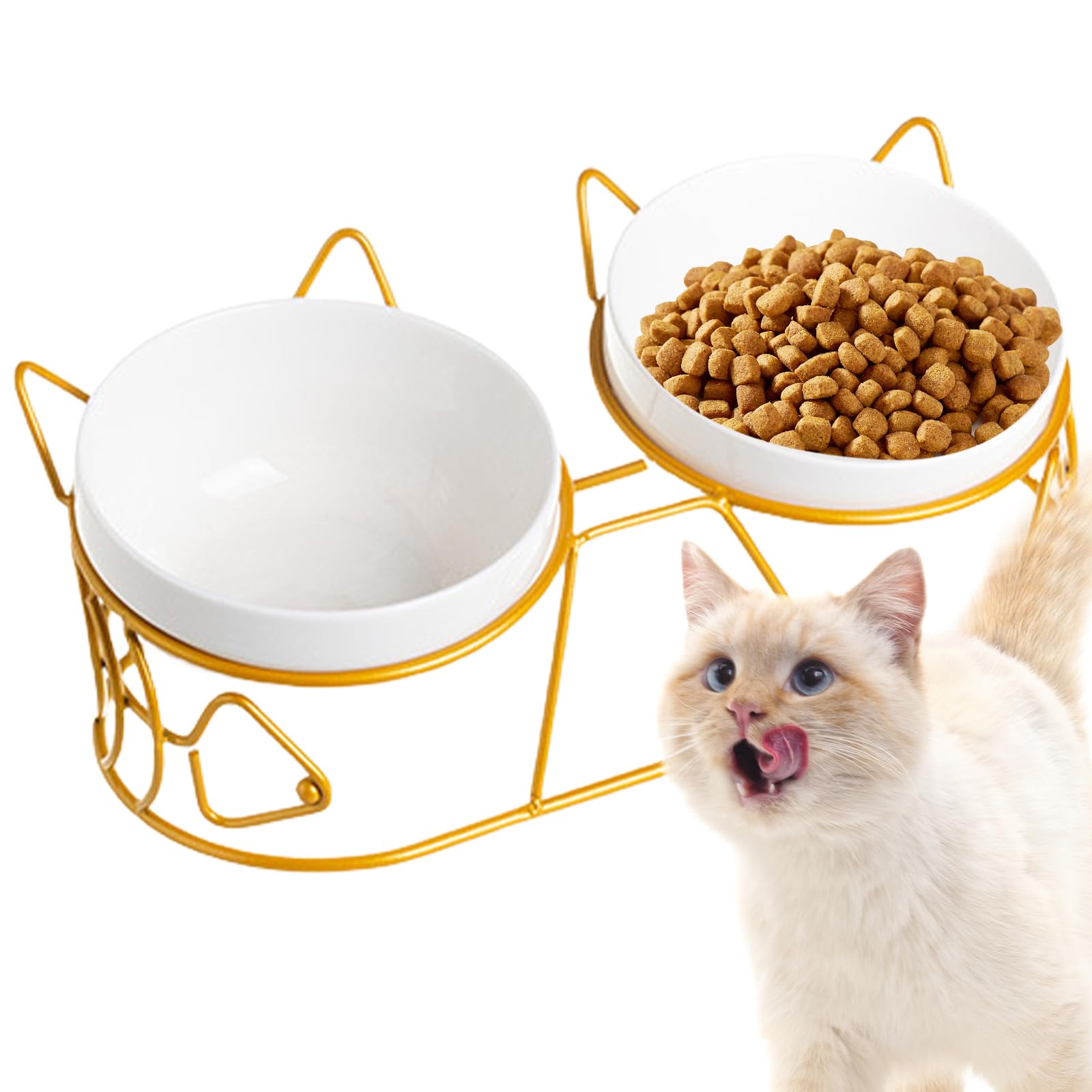 Comedero elevado para gatos – Comedero de cerámica para gatos, comedero elevado, juego de 3 unidades con inclinación de 15° para gatos y perros pequeños, doble tazón