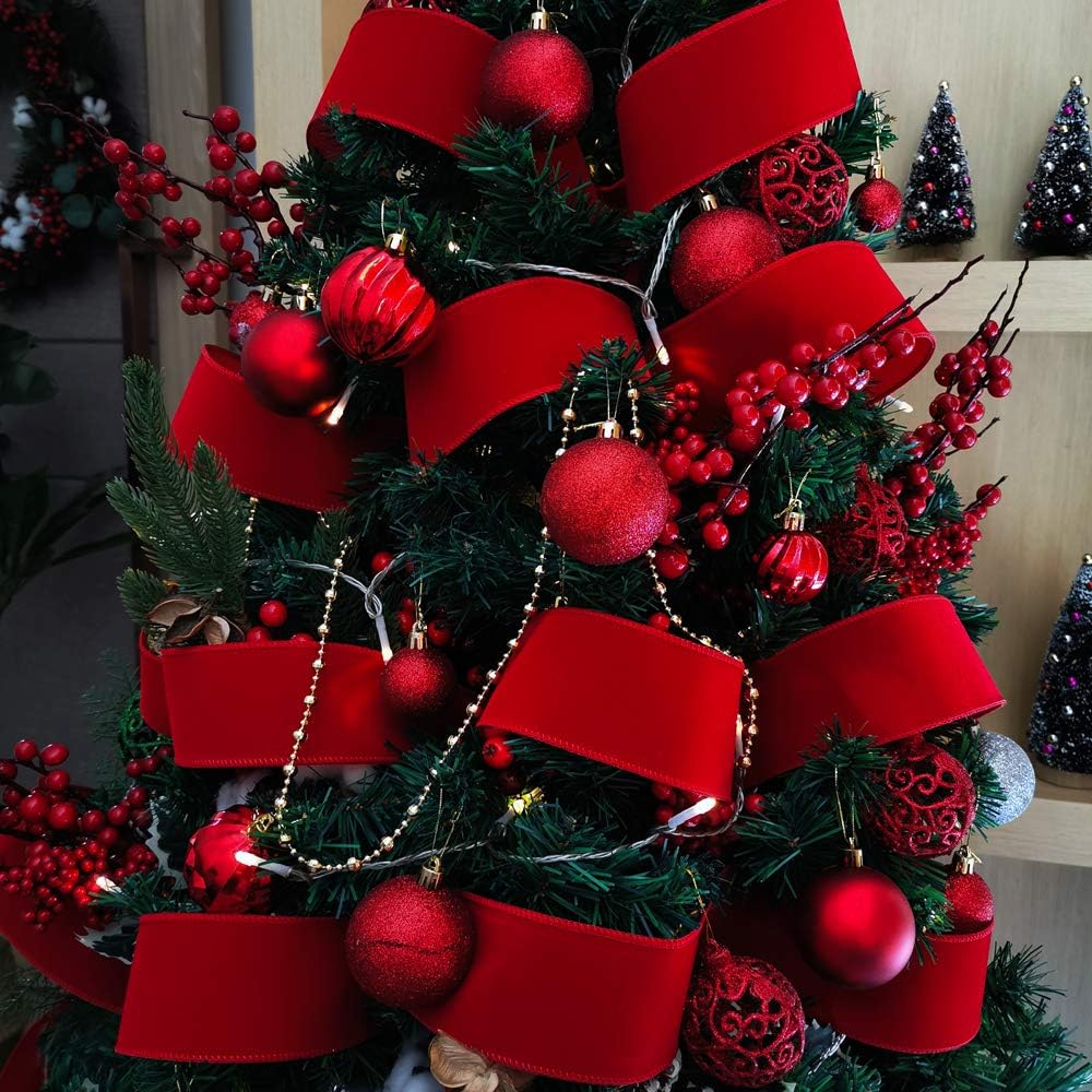 Winlyn 50 Yards Christmas Red Velvet Wired Ribbon 2-1/2" Wide Large Xmas Ribbon Trim Gift Wrapping Bow Craft for Christmas Indoor Outdoor Tree Wreath Bows Clothing Party Gift Embellishment
