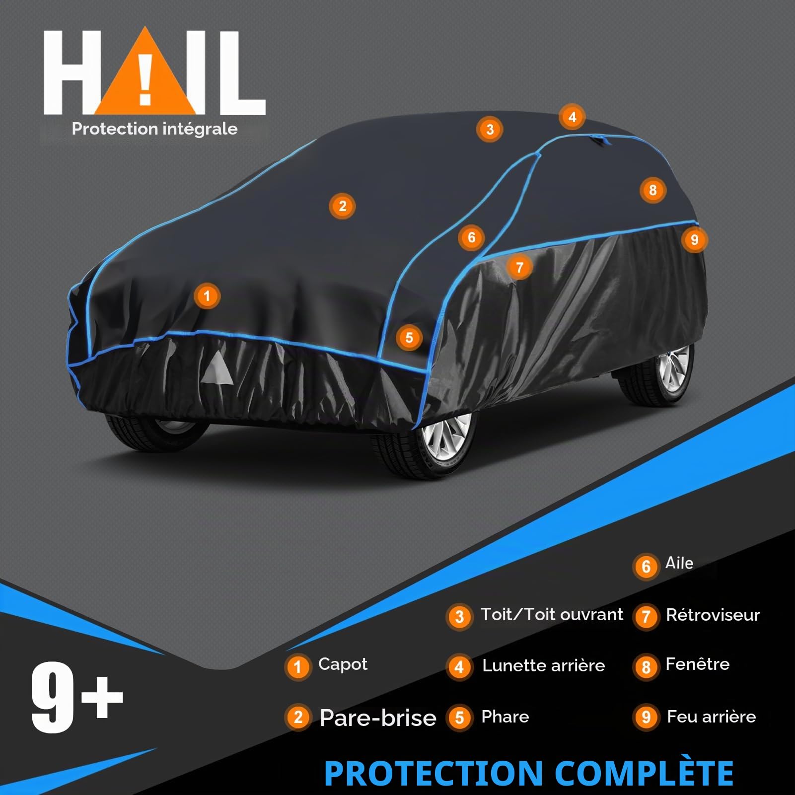 Bâche Voiture Anti-grêle Étanche, Housse de Protection Voiture Extérieur Contre Pluie Soleil Poussière, Bâche Contre la Grêle pour SUV 4x4 460 à 485 cm. YL