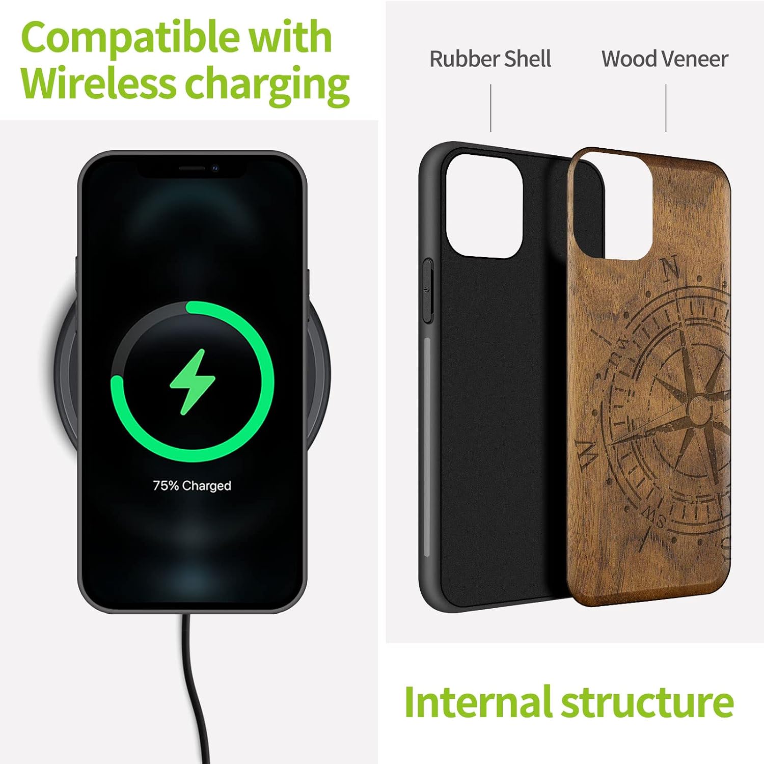 Carveit Wood Case for iPhone 11 Case [Hard Real Wood & Black Soft TPU] Shockproof Hybrid Protective Cover Unique Wooden Phone Protector Compatible with Apple iPhone 11 (Vintage Compass-Walnut)