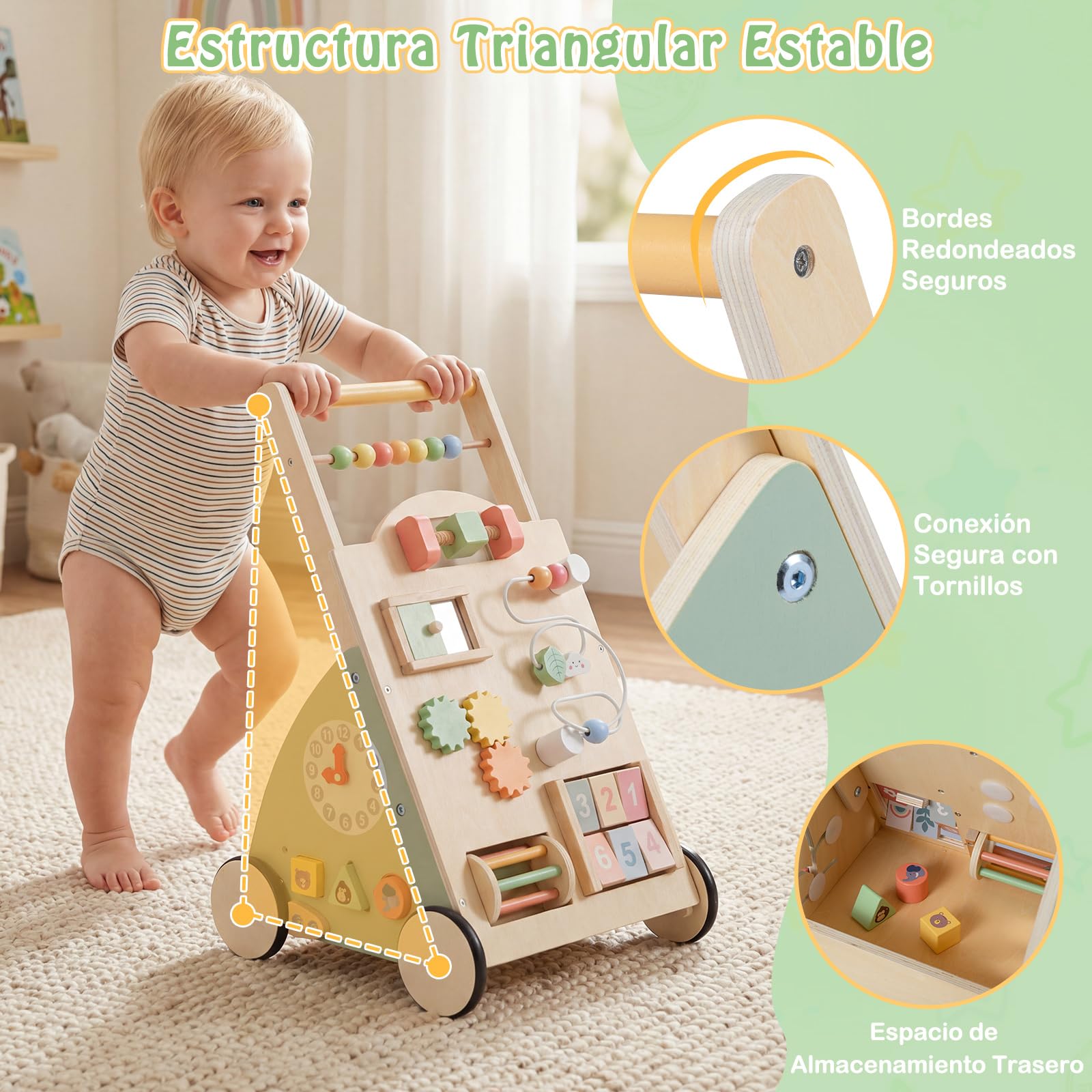 COSTWAY Andador Madera Montessori, Andador Bebe con Ruedas y Cesta de Almacenamiento, Juguete Montessori para Caminar y Centro de Actividades para Niños de 1+ Años
