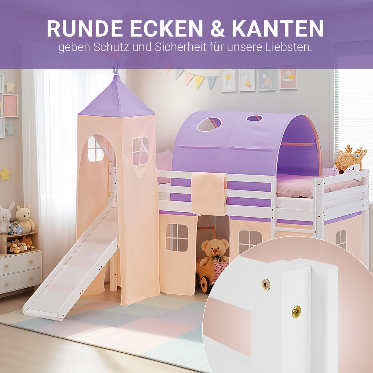Homestyle4u Hochbett mit Rutsche 90x200 - Kinderbett mit Turm & Tunnel | Massivholz Kiefer Weiß - Inklusive Vorhang in Lila Beige - Stabiles Kinderhochbett mit Absturzsicherung - 90x200 cm
