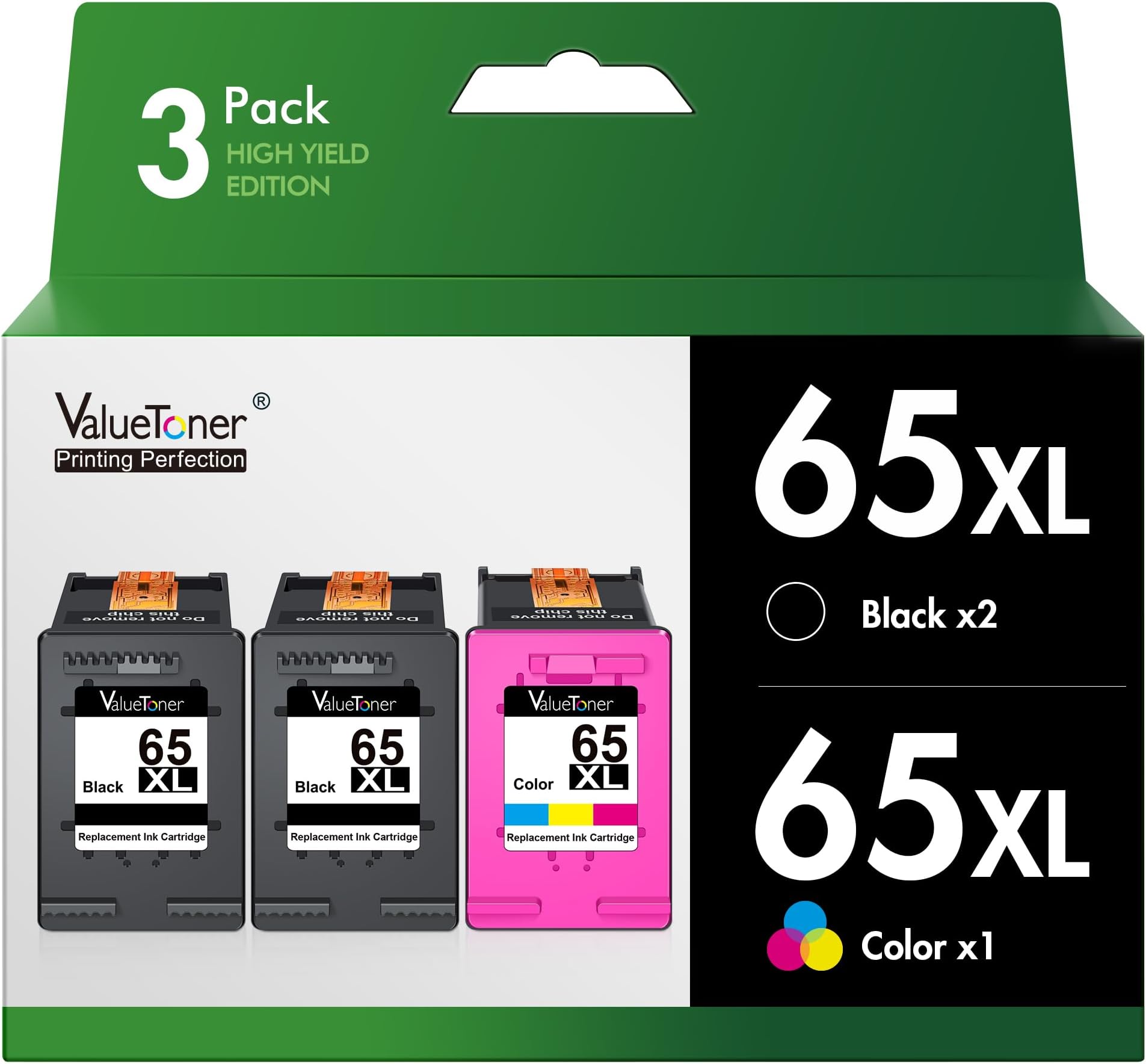 Valuetoner Remanufactured Ink Cartridges Replacement for HP 65XL Ink Cartridge Combo Pack 65 XL for DeskJet 3755 3772 3700 3752 3722 2600 2622 2652 Envy 5055 5000 5070 Printer(2 Black, 1 Color)