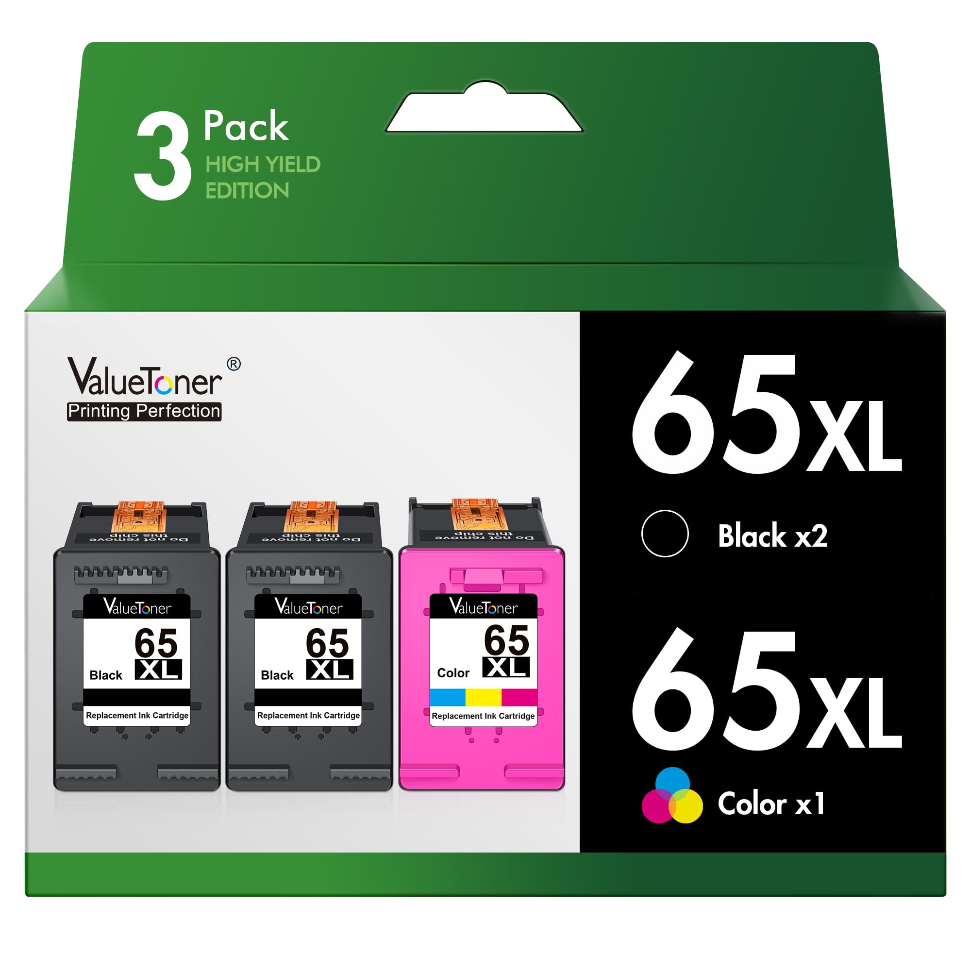 Valuetoner Remanufactured Ink Cartridges Replacement for HP 65XL Ink Cartridge Combo Pack 65 XL for DeskJet 3755 3772 3700 3752 3722 2600 2622 2652 Envy 5055 5000 5070 Printer(2 Black, 1 Color)