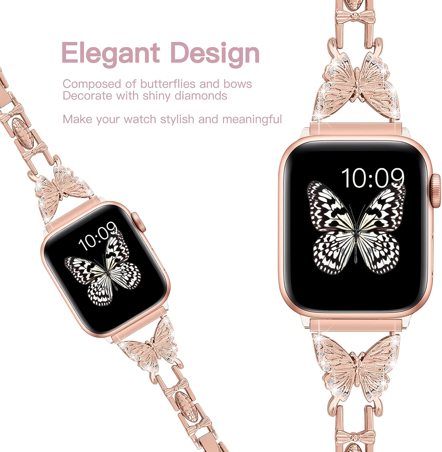 wipalor Butterfly Band for Bling Apple Watch Bands 42mm 41mm 40mm 38mm for Women, Metal Dressy iWatch Bands for Women, Designer Cute Strap for Apple Watch Band Series 11 10 9 SE 8 7 6 5 4 3-Rose Gold - Image 5