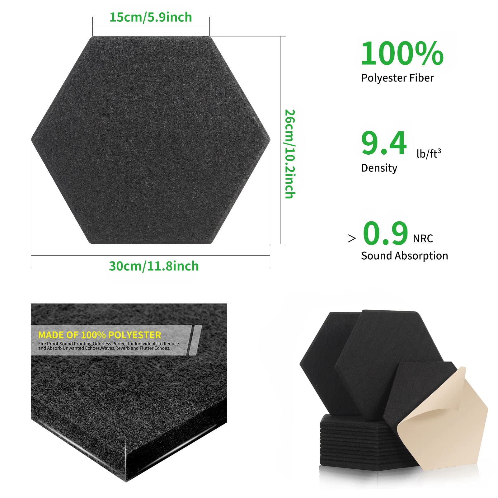 18 Piezas Paneles Acusticos Autoadhesivos 30 x 26 x 1cm Hexagonales Panel Acustico Adhesivo Insonorizacion Acustica Panel para Oficina, Estudio de Grabación, Gaming, Podcasting (Negro)