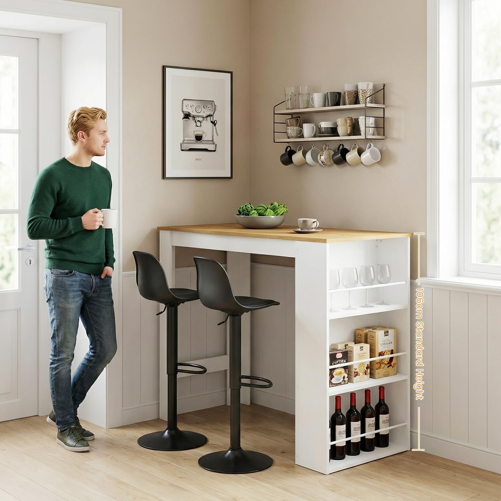 buybyroom Table de Bar avec Rangement, Table de Bar pour Cuisine, comptoir de Bar pour Bar, Cuisine, Salon, Salle à Manger, 112 × 57 × 106 cm, Blanc et chêne Clair