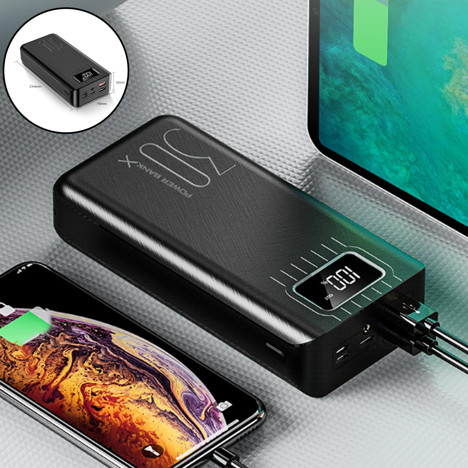 Batterie Externe Puissance de Charge 30000 mAh Super Grande quantité 1000000M Grand écran Affichage numérique Mobile Puissance 80000