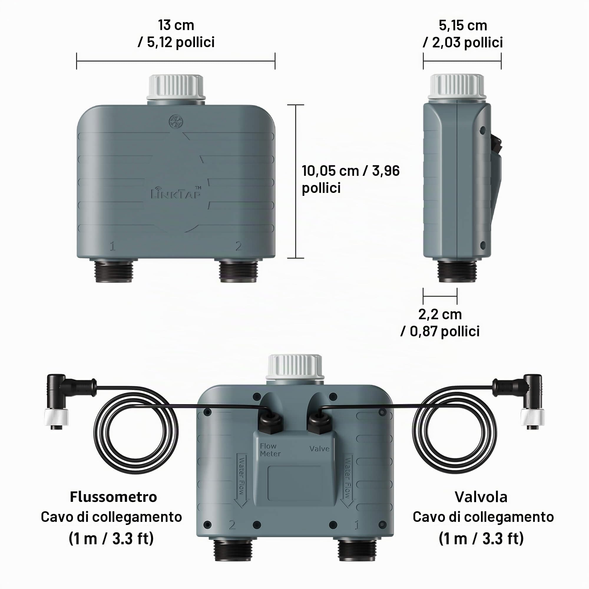 LinkTap T1 Programmatore Irrigazione 2 Vie e Gateway, Alimentazione Flex | 2 Contalitri, Irrigazione per Volume/Durata/Meteo, Rilevamento Guasti & Perdite, Antigelo, Superiore al Wi-Fi, IP66, Alexa