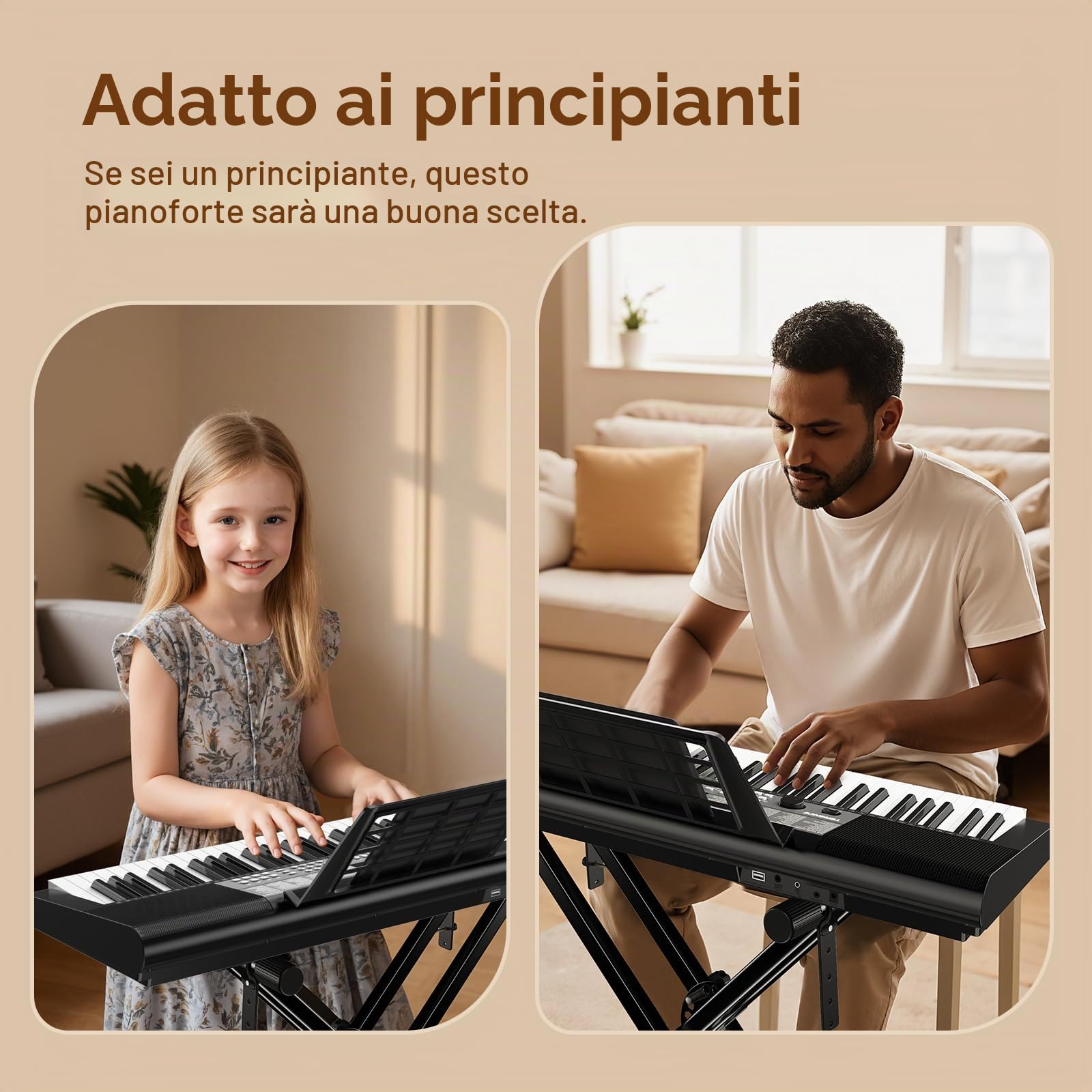 TERENCE pianola 61 tasti doppio sistema audio HiFi e pannello multifunzione 51 LED interfaccia + modalità doppia tastiera doppia alimentazione adattatore batteria porte audio Pro