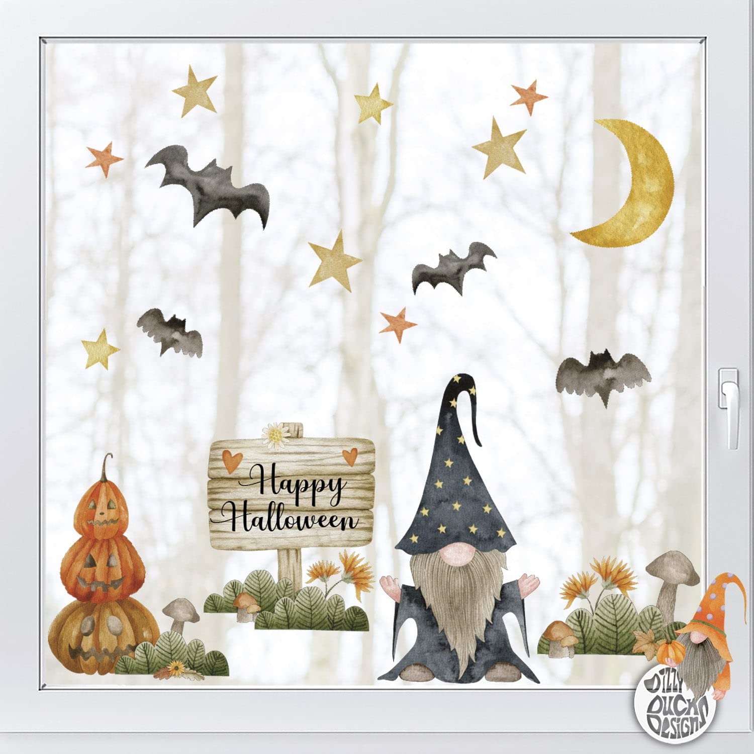 Dizzy Duck Designs Dizzy Duck Cute Halloween Gnome Window Decals - Autumn Fall Classy Window Clings - Pumpkin Gonk Bats Moon Stars Stickers