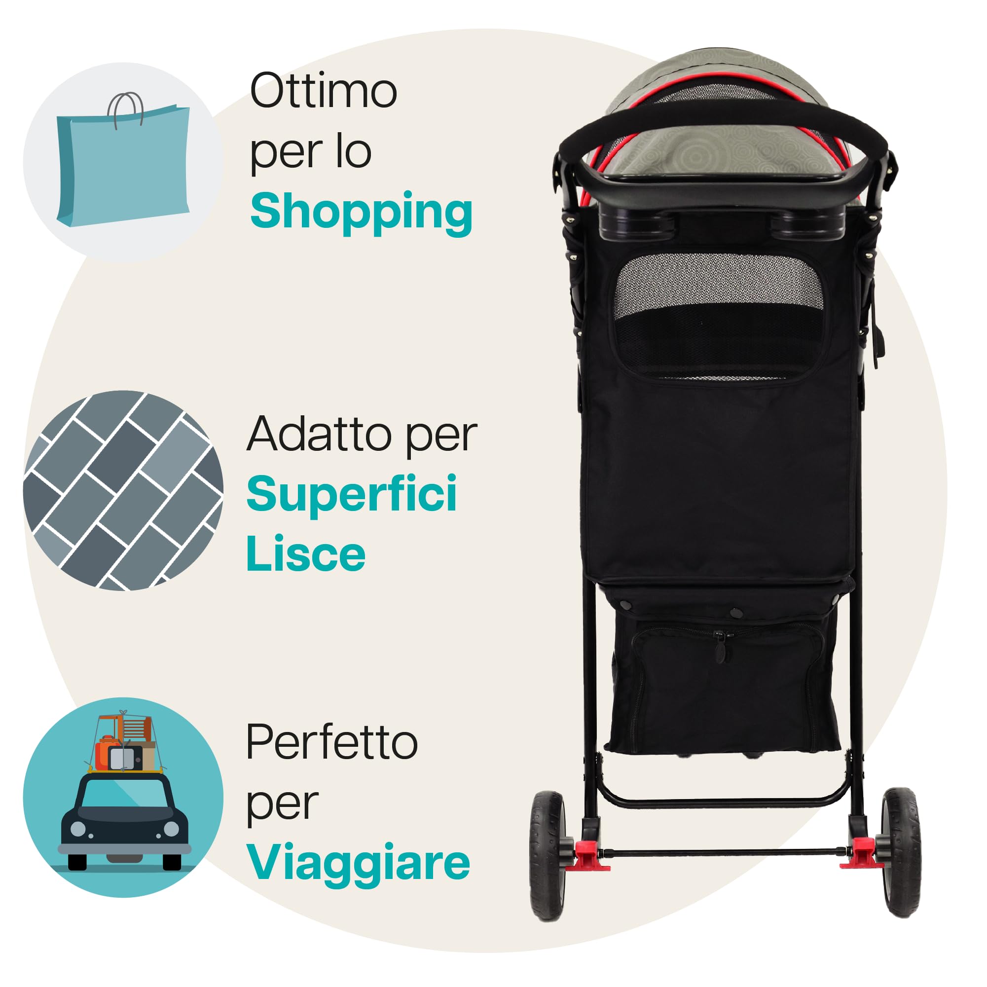 Passeggino leggero Innopet Avenue per cani e gatti, grigio/rosso - Passeggino urbano compatto per animali domestici con copertura antipioggia, cinture di sicurezza e cestino portaoggetti