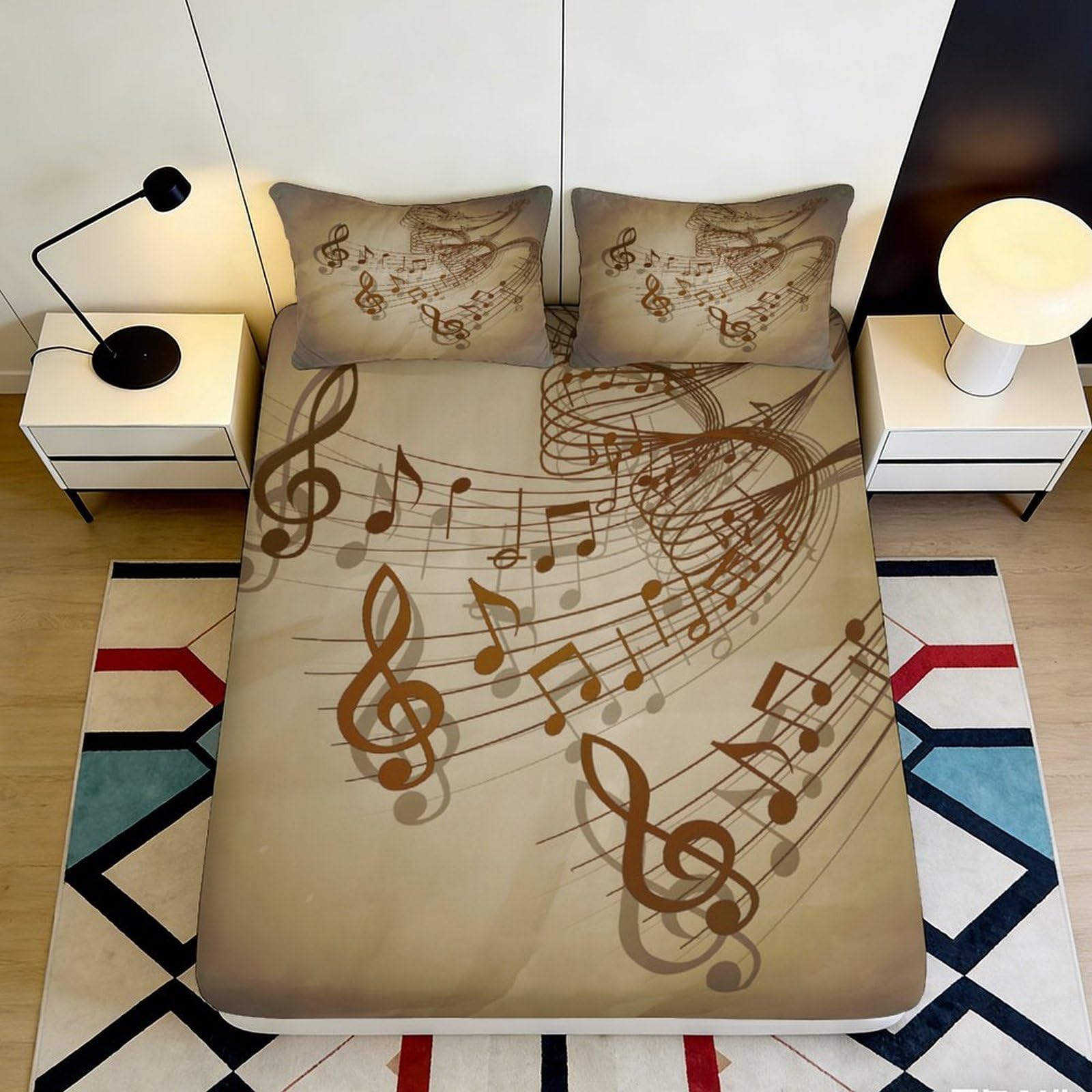 3D Printed Musical Notes Fitted Sheet Microfiber Soft Beige Melody Bed Cover for Bedroom Guest Room Decor 90x200x25cm