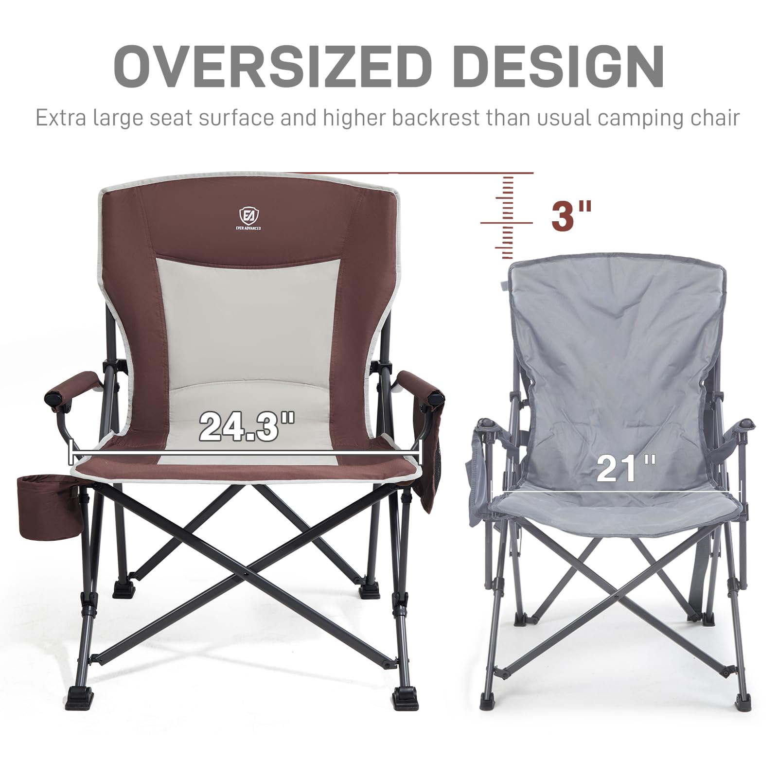 EVER ADVANCED Krzesło kempingowe, składane, obciążenie 230 kg, rozmiar XL, szerokość siedziska 62 cm, z kieszenią boczną, uchwytem na napoje, bardzo duże, składane krzesło wędkarskie, na kemping, na