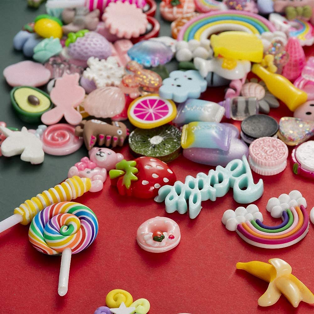 Ulalaza 100pcs carino melma charms misto set resina flatback fare forniture per fai da te fabbricazione artigianale e ornamento perline scrapbooking caramelle assortite torta di frutta ornamento