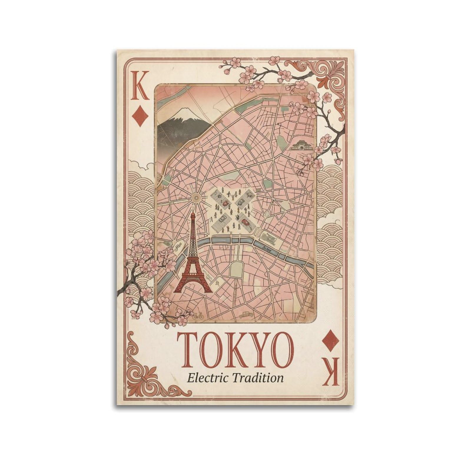 OKNGB Vintage City Map Poster Tokyo Japan Skyline Playing Card Style Decorative Painting Canvas Art Picture 24x36inch(60x90cm)