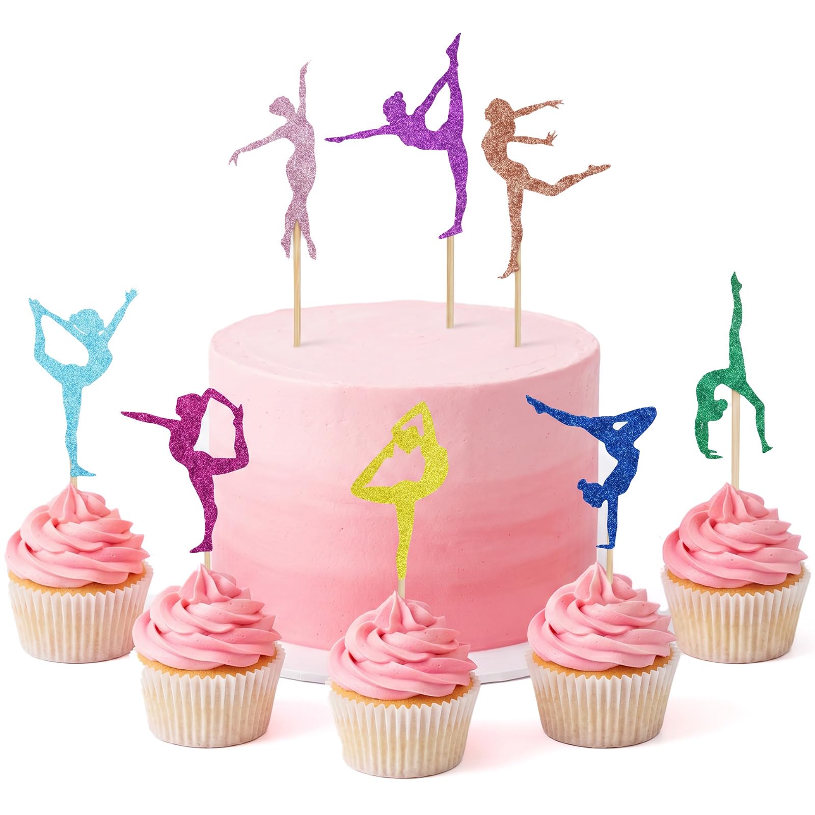 Gymnastics Cake Topper Set 24PCS Cupcake Inserts for Girls Birthday Baby Shower Party Decorations (Style2 Multicolor Gymnastics Theme)