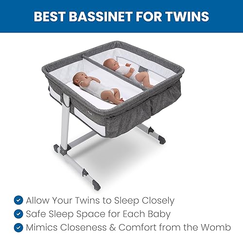 Miniatura 3 de Simmons Kids By The Bed City Sleeper Moisés para Gemelos - Cuna Portátil de Altura Ajustable con Ruedas y Malla de Flujo de Aire, Tweed Gris