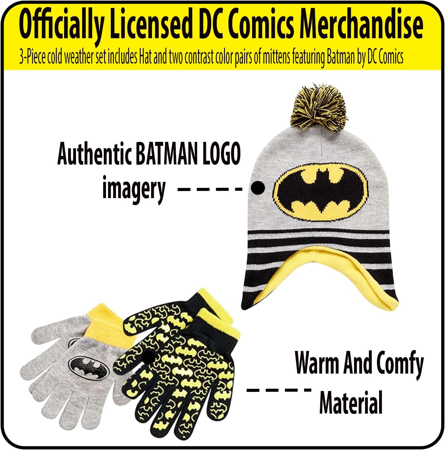 DC Comics Boys Batman Winter Hat 2 Pair Gloves or Mittens Set (Toddler/Little Boys) Size Age 4-7,Batman Winter Hat and Gloves With Handwarmers - Image 5