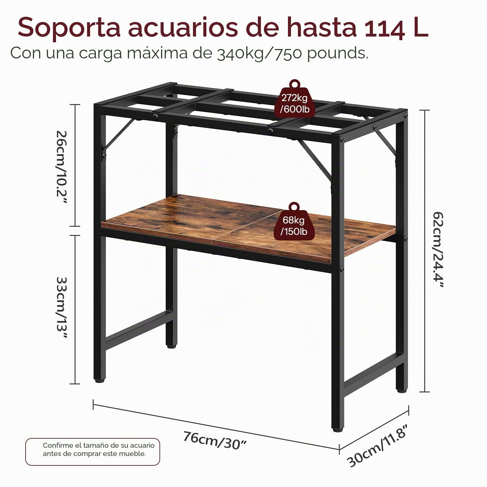 MAHANCRIS Soporte para Acuario de 30 Galones, Soporte de Acuario con Estantes de Almacenamiento de 2 Niveles, Soporte Resistente para Terrario de Tortugas Reproductoras para Casa y Oficina, 76,2 cm L