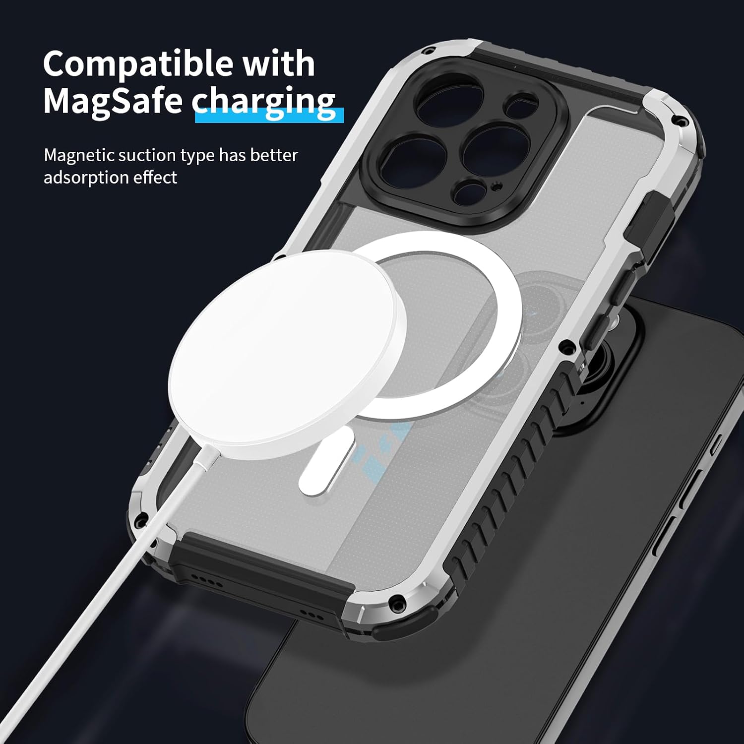 FW iPhone 15 Pro Metal Mag Case, Compatible with Magnetic MagSafe, iPhone 15 Pro Case Aluminum Metal Frame Clear Hard Full Body Heavy Duty Rugged Drop Protection with Screen Protector (Sliver)
