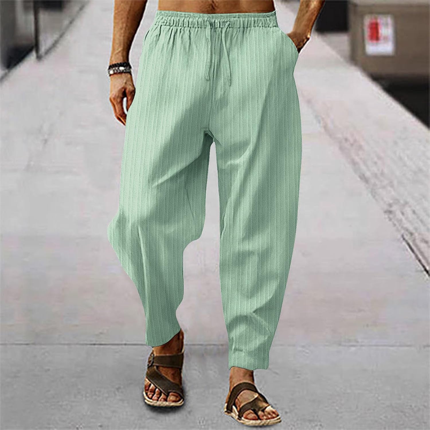 Mens Casual Linen Pants Striped Pants Loose Fit Baggy Trousers Drawstring Elastic Waist Casual Beach Yoga Sweatpants