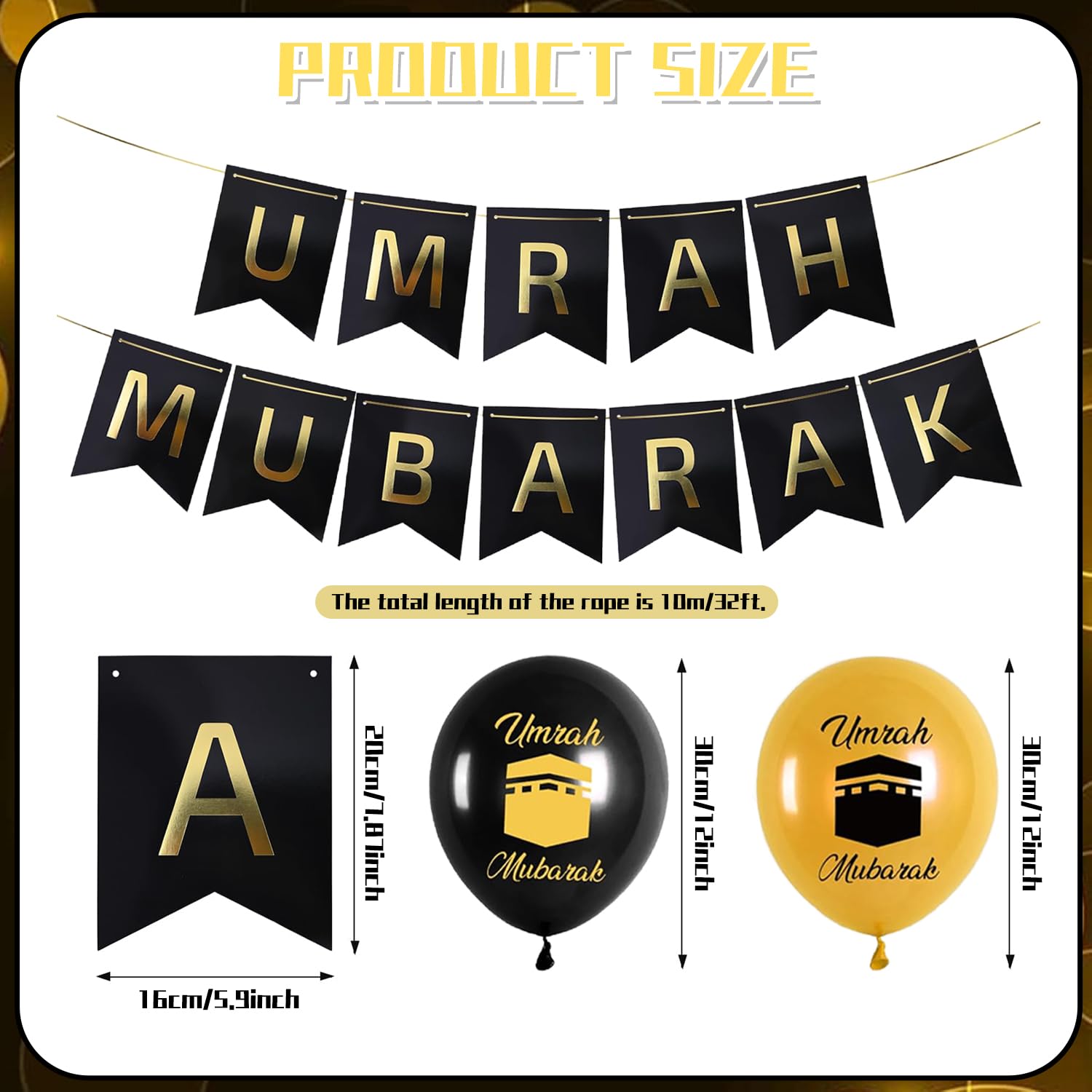 Umrah Mubarak Decoration Set, Black Gold Umrah Mubarak Banner and 10 Pcs Umrah Mubarak Balloons, Eid Ramadan Decorations - Image 3