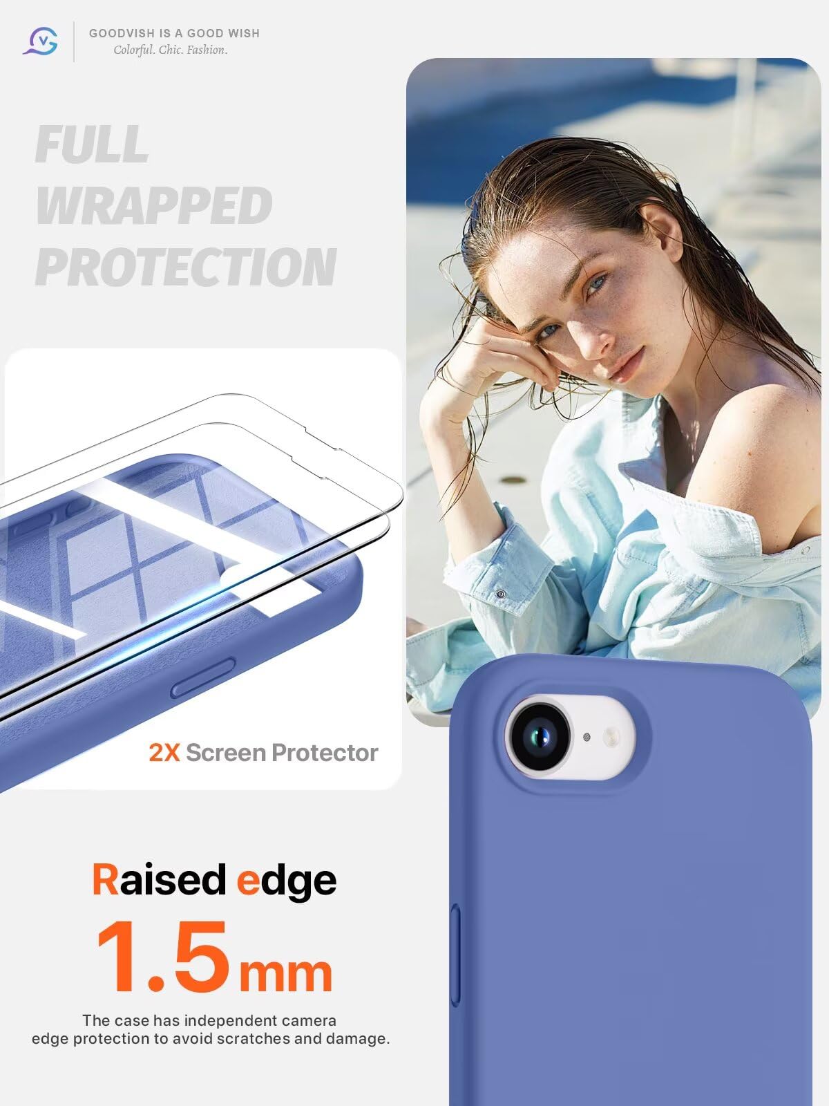 GOODVISH 3 in 1 Silicone Cover per iPhone 16e 6.1", Custodia con 2 Pellicola Vetro Temperato [Protezione Fotocamera] Protezione Anticaduta Case per Cellulare Antiurto Resistente, Blu