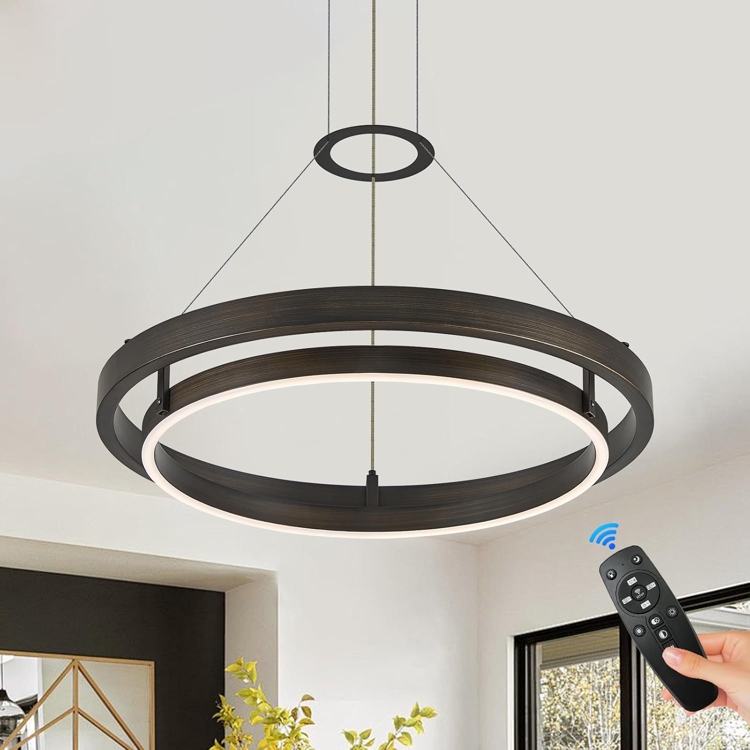 Modern LED Chandelier Vintage Brown Dimmable Circular LED Pendant Light with Remote Ring Chandelier Dining Room Light Fixtures for Kitchen Island Living Room Entryway, D23.6 2 Rings Dark Drown