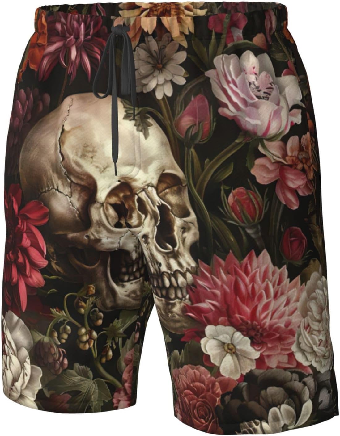 Mens Floral Skull Print Beach Shorts,Casual Summer Shorts for Men,Quick Dry Polyester