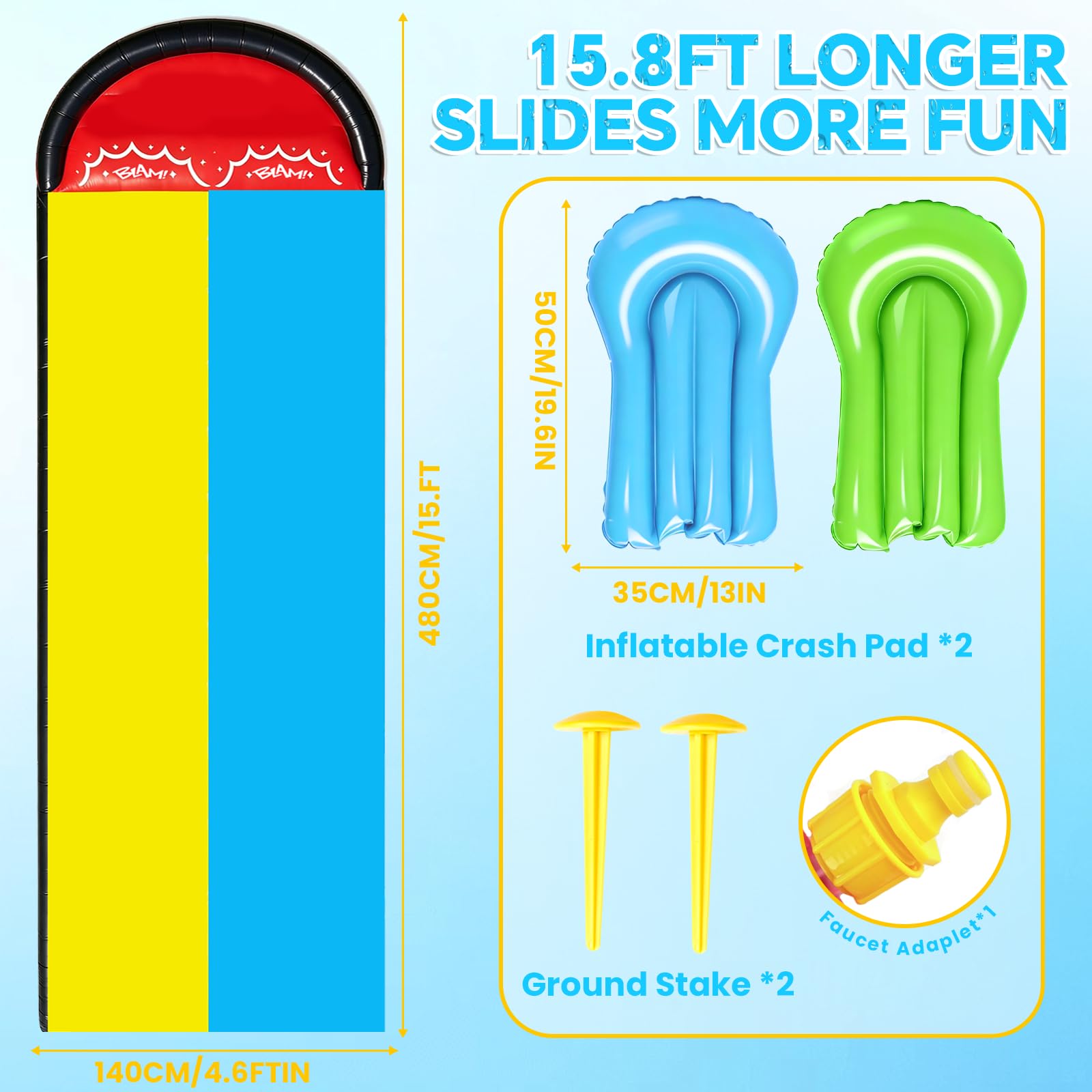 Yisquar Tobogán acuático para jardín, 480 cm, doble tobogán con aspersor integrado, con aspersor y 2 tablas inflables, tobogán acuático inflable, para fiesta de verano, Lawn