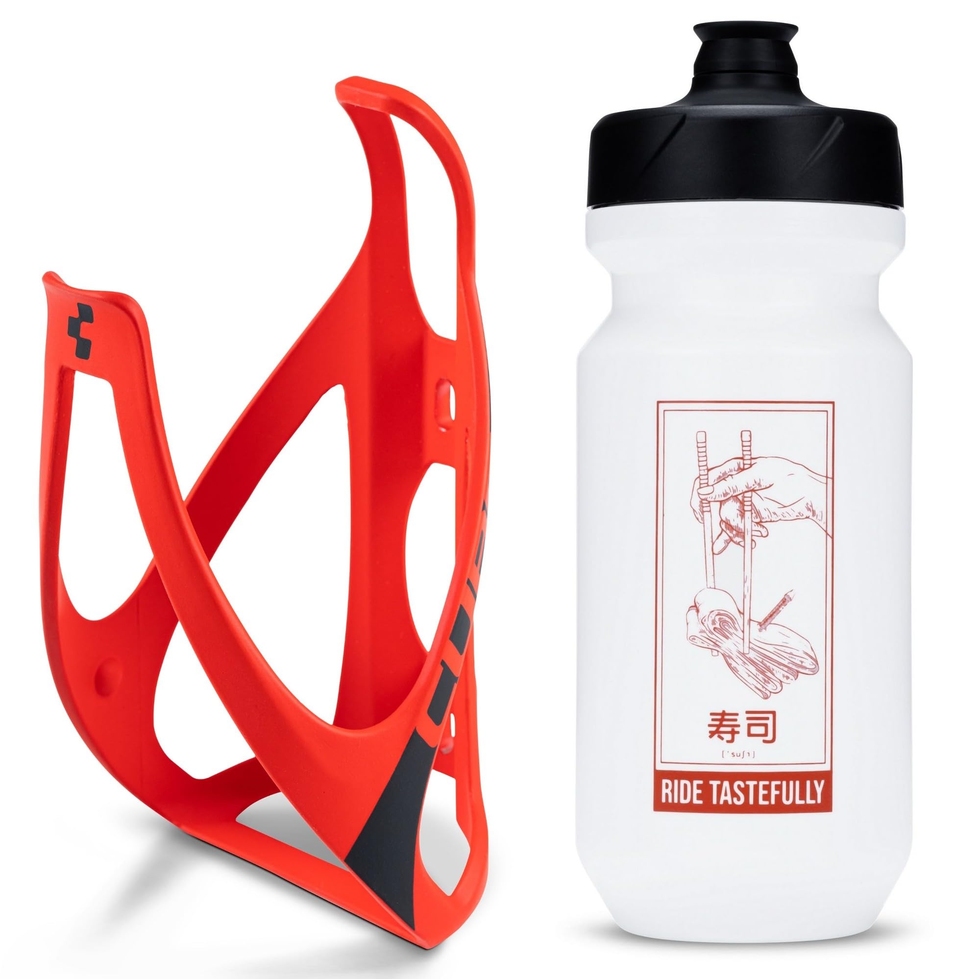 Cube HPP Cage - Red/Black & Flow Bottle - White, 500ml / Water Drink Flask Vessel Bidon Holder Mount Bracket Kit Lightweight Plastic Drinking Hydration Biking Bike Riding Frame Accessories