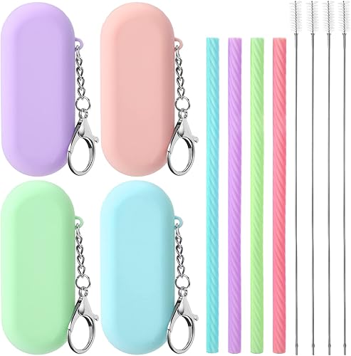 Juego de 4 popotes de silicona con funda, reutilizables, de silicona, plegables, portátiles, para fiestas, viajes, con 4 fundas de transporte, 4