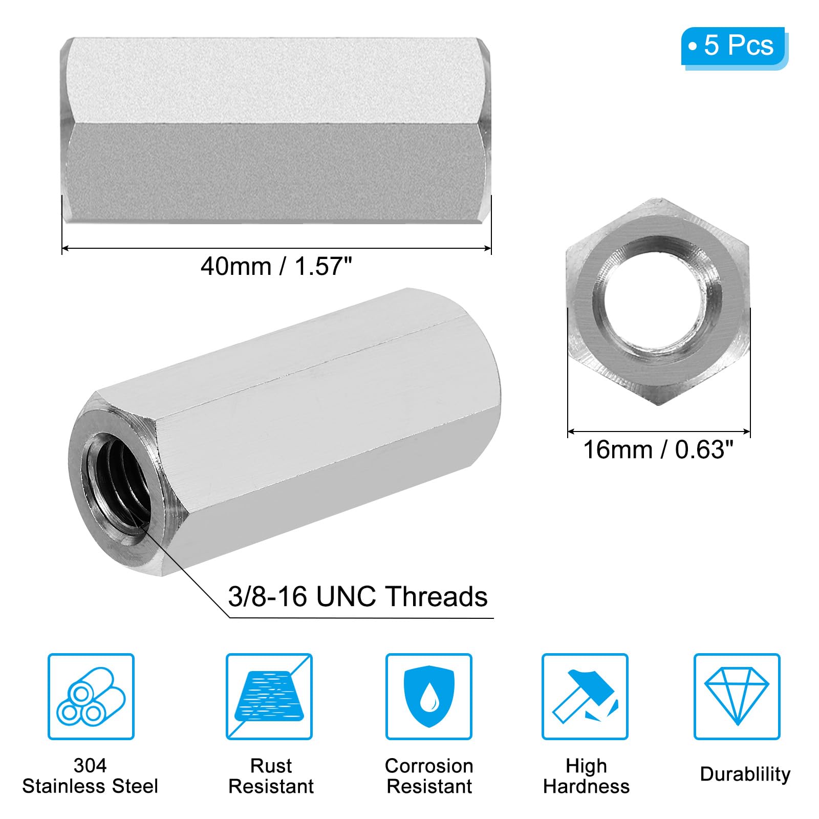 PATIKIL 3/8"-16 UNC 304 Stainless Steel Hex Coupling Nuts - Image 2